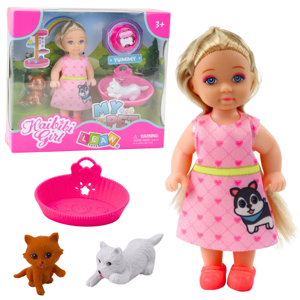 Žaislų rinkinys su lėle, šunimi ir kačiuku, 12 cm