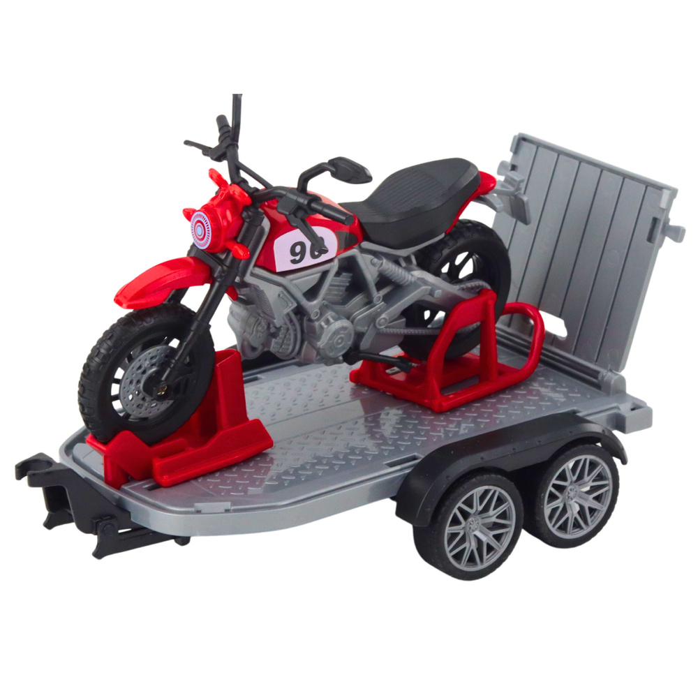 Bekelės automobilio rinkinys su priekaba ir motociklu, šviesos ir garsai, žalias 3