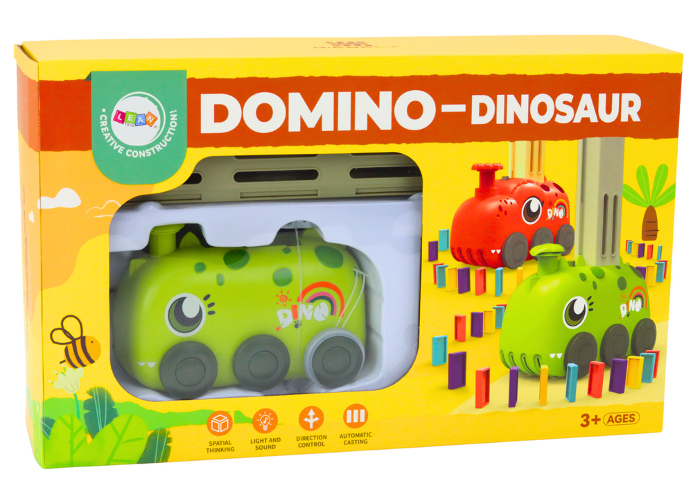 Žalias baterijomis veikiantis dinozaurų automobilis su domino kaladėlėmis