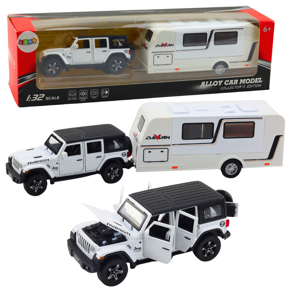 Bekelės automobilis su kemperiu baltas 1:32 – metalinis modelis su šviesomis ir garsais