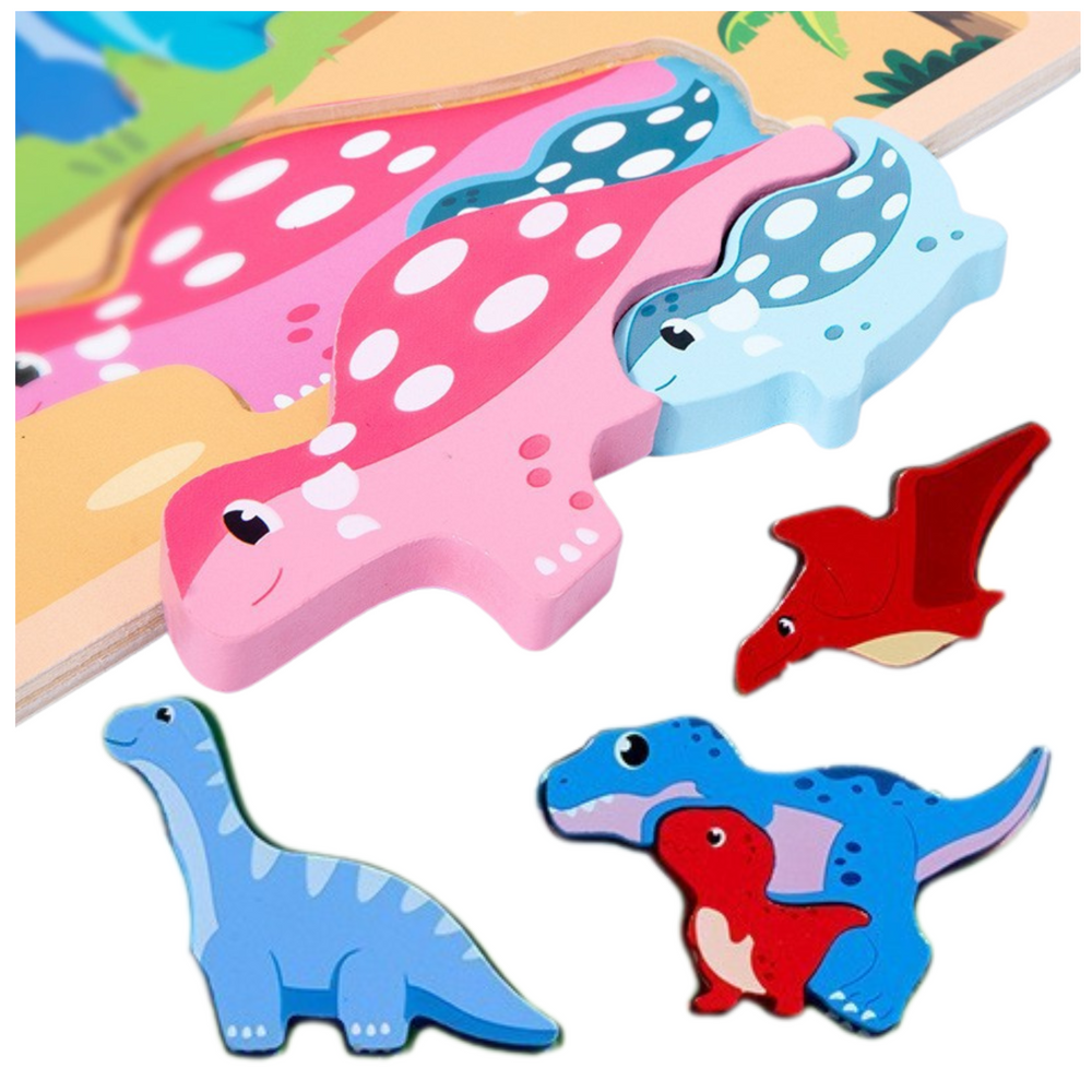 Medinė edukacinė dėlionė su dinozaurais ir piešimo lenta, 30 x 22.5 cm