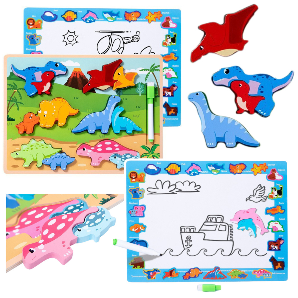 Medinė edukacinė dėlionė su dinozaurais ir piešimo lenta, 30 x 22.5 cm