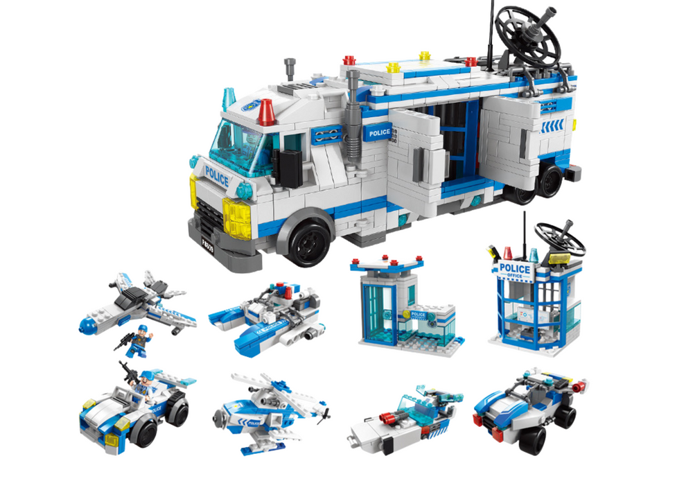 Konstruktorius police boat plane helicopter construction bricks blue mix
