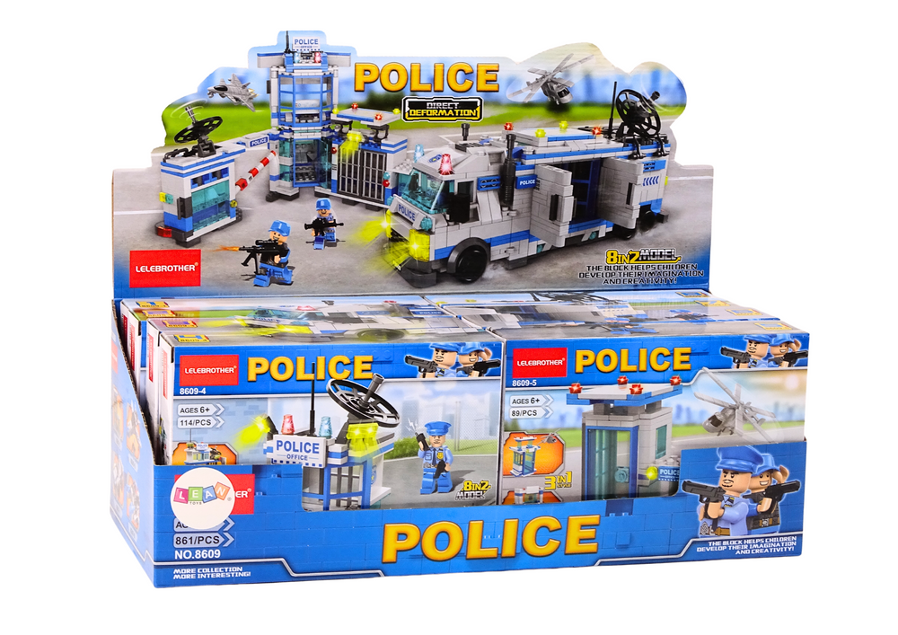Konstruktorius police boat plane helicopter construction bricks blue mix