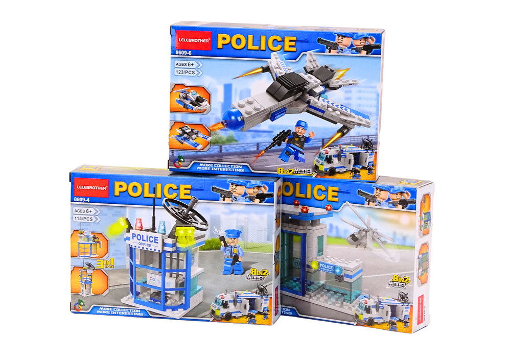 Konstruktorius police boat plane helicopter construction bricks blue mix