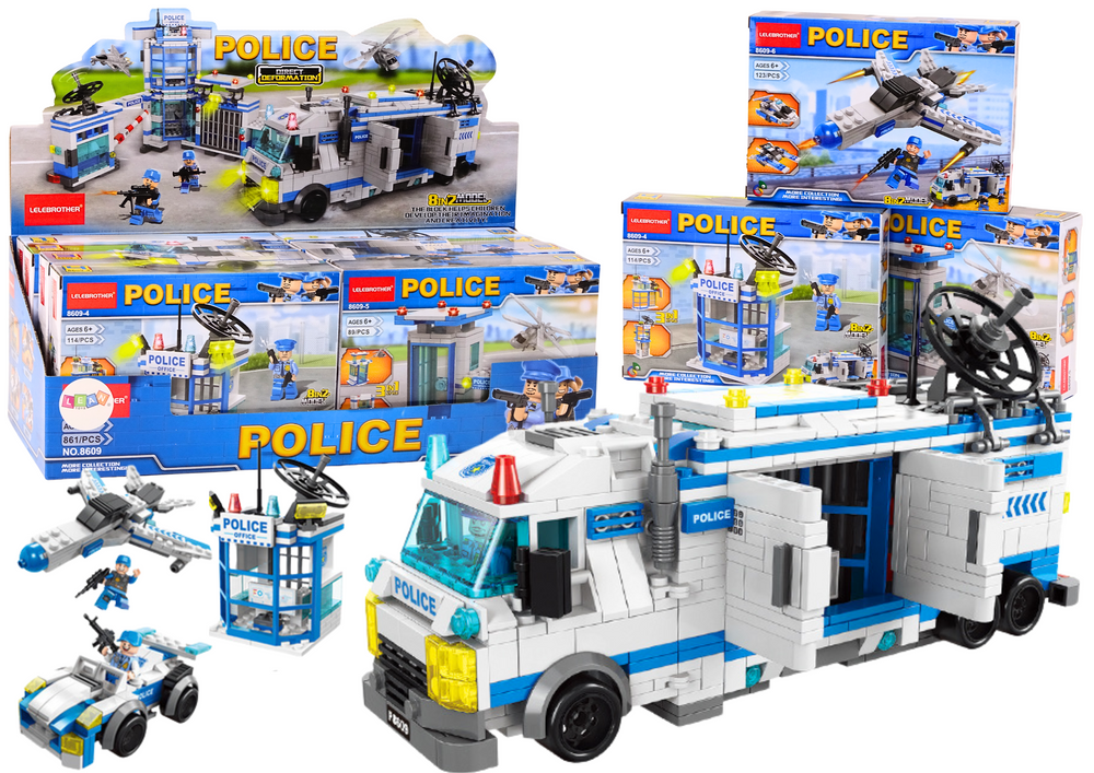 Konstruktorius police boat plane helicopter construction bricks blue mix