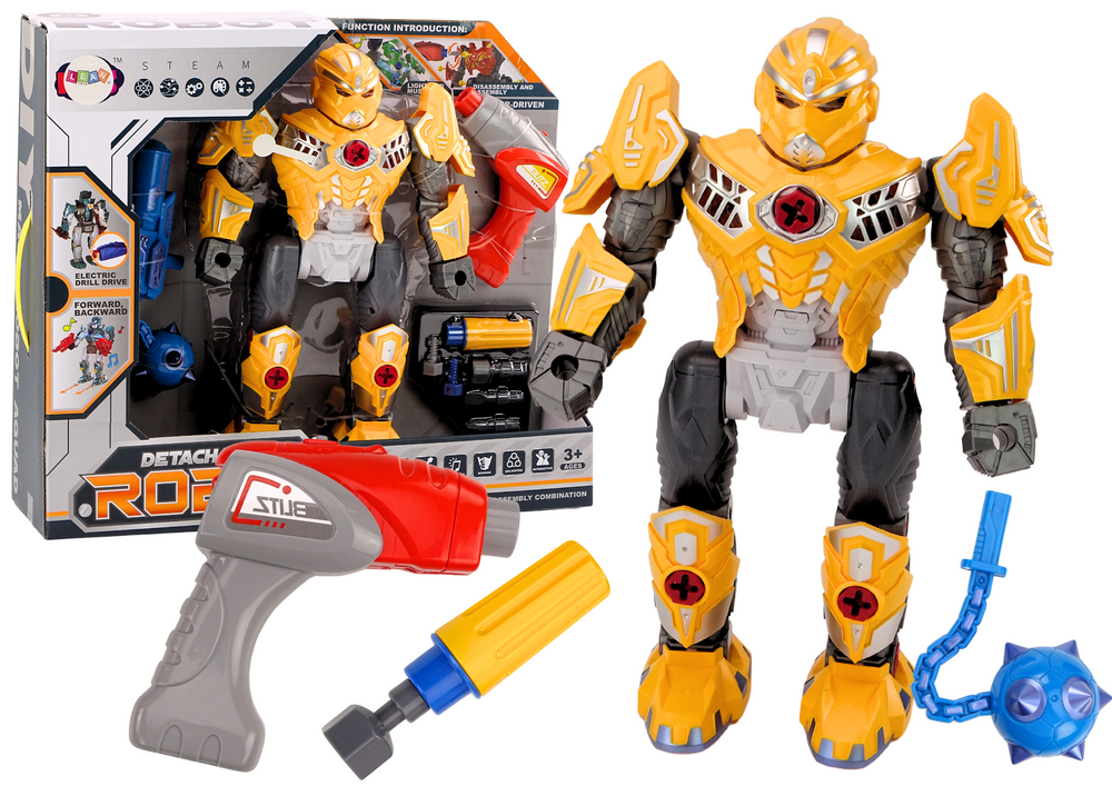 Geltonas robotas su gręžimo funkcija ir šviesos bei garso efektais
