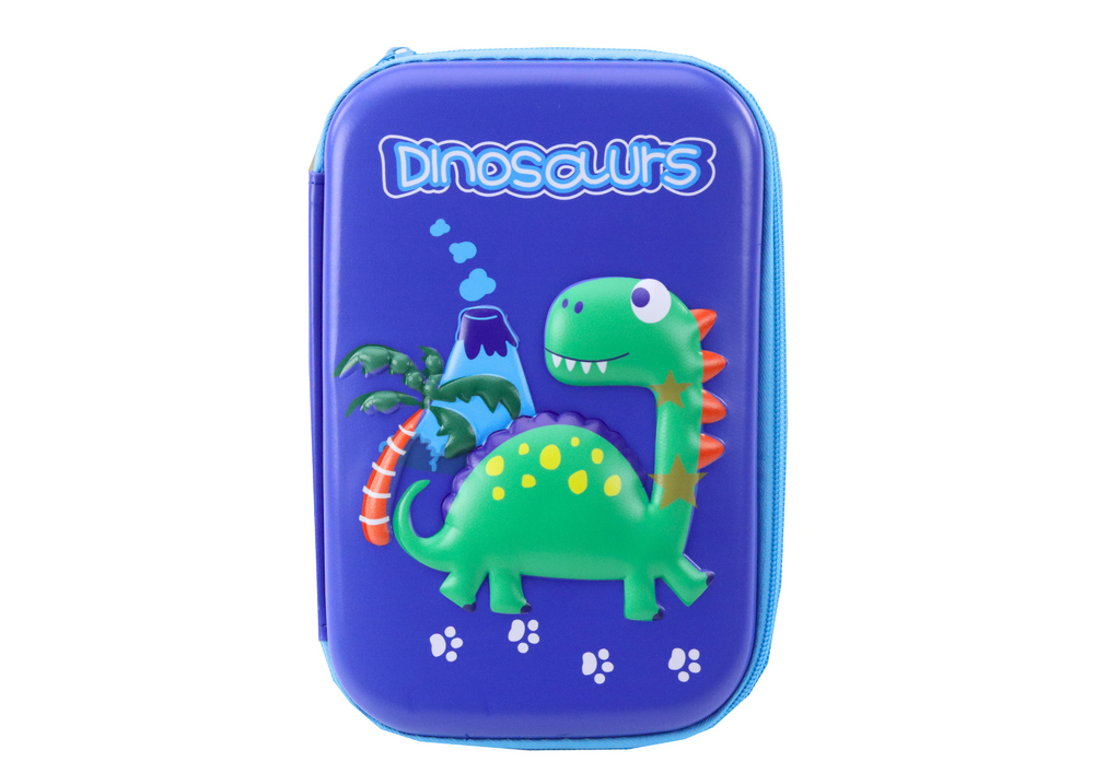 Mėlynas pieštukų dėklas su dinozaurų motyvais