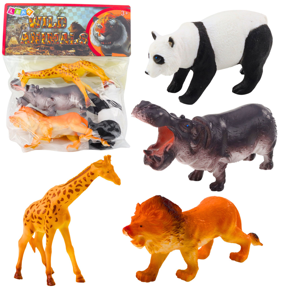 Laukiniai gyvūnai figūrėlės rinkinys: liūtas, žirafa, panda, begemotas, 4 vnt.
