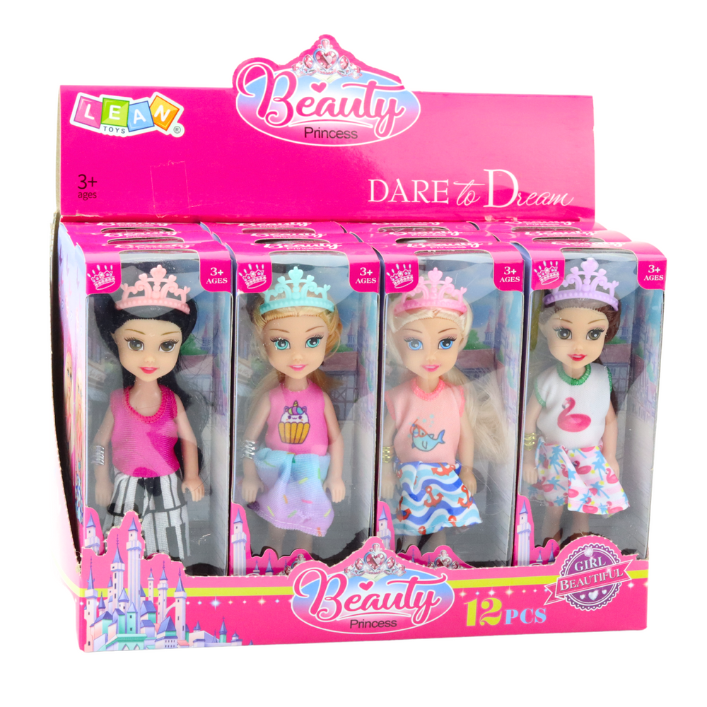 Mini princesės lėlė su karūna ir spalvinga suknele, 14 cm