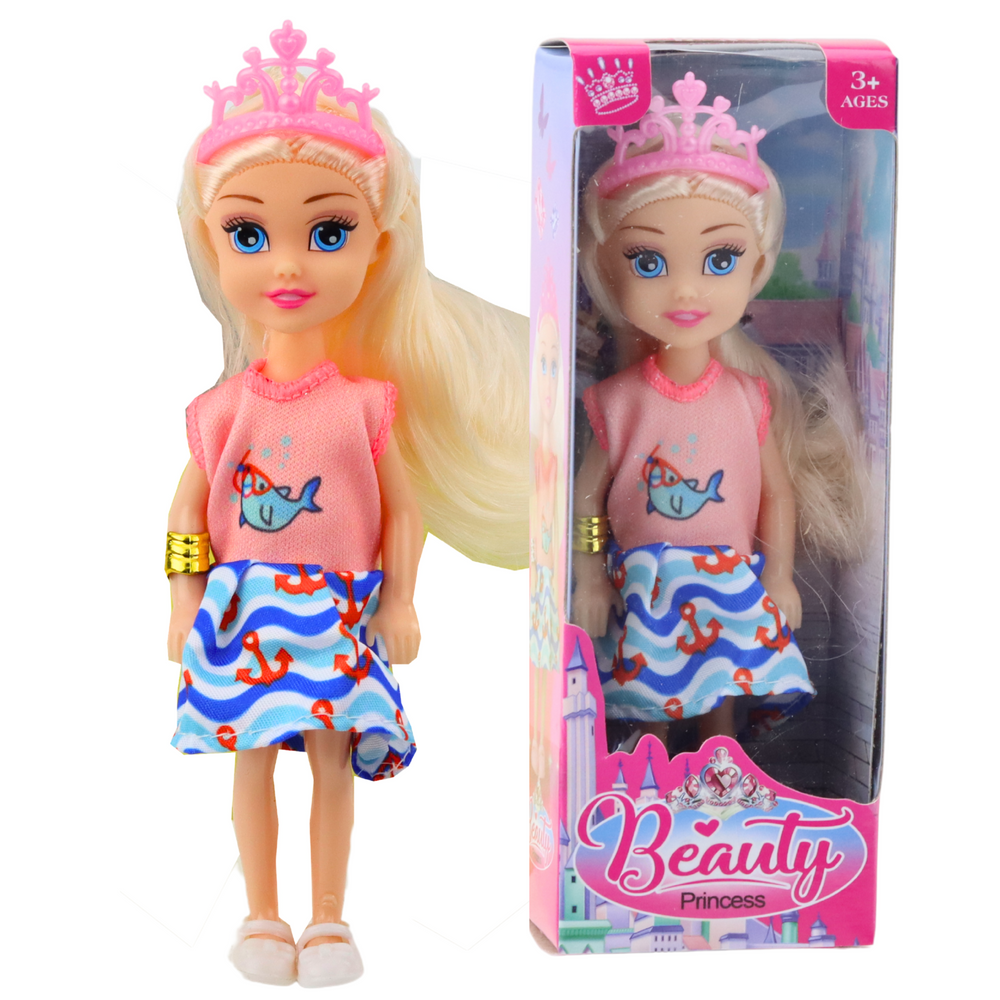 Mini princesės lėlė su karūna ir spalvinga suknele, 14 cm