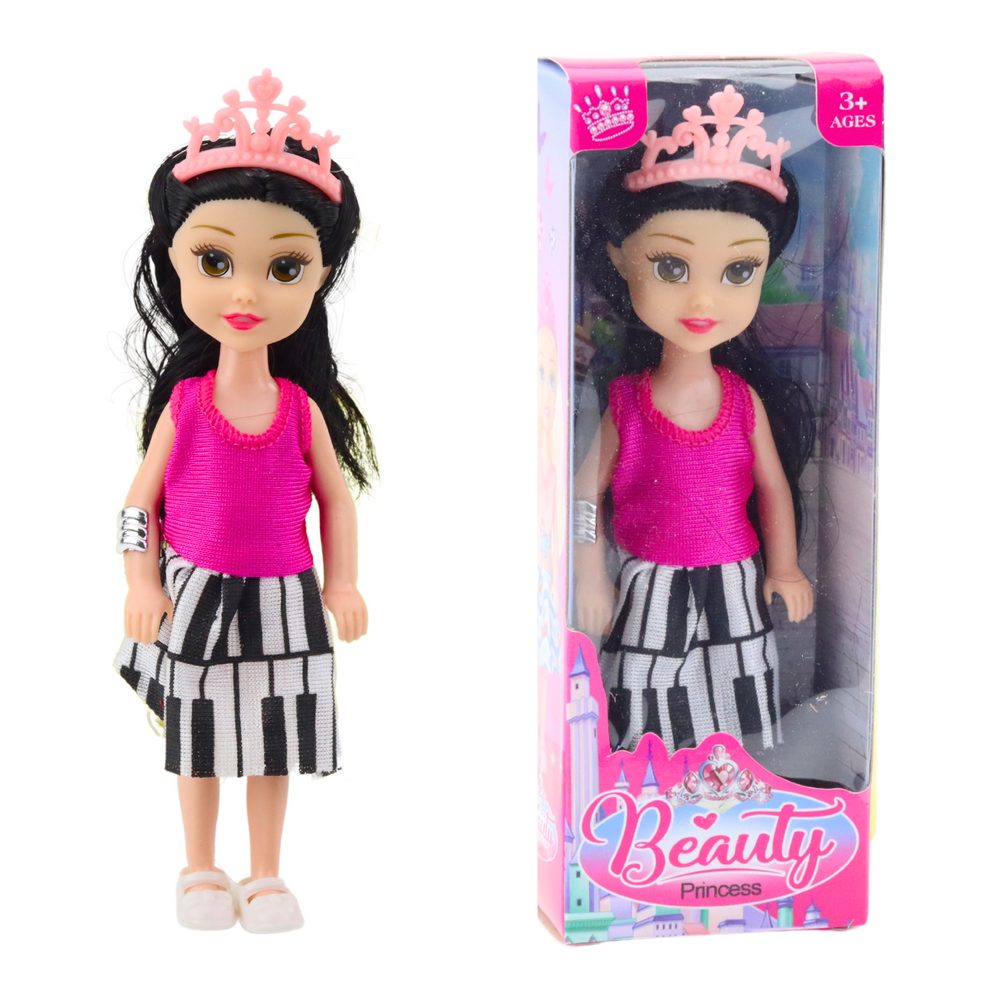 Mini princesės lėlė su karūna ir spalvinga suknele, 14 cm