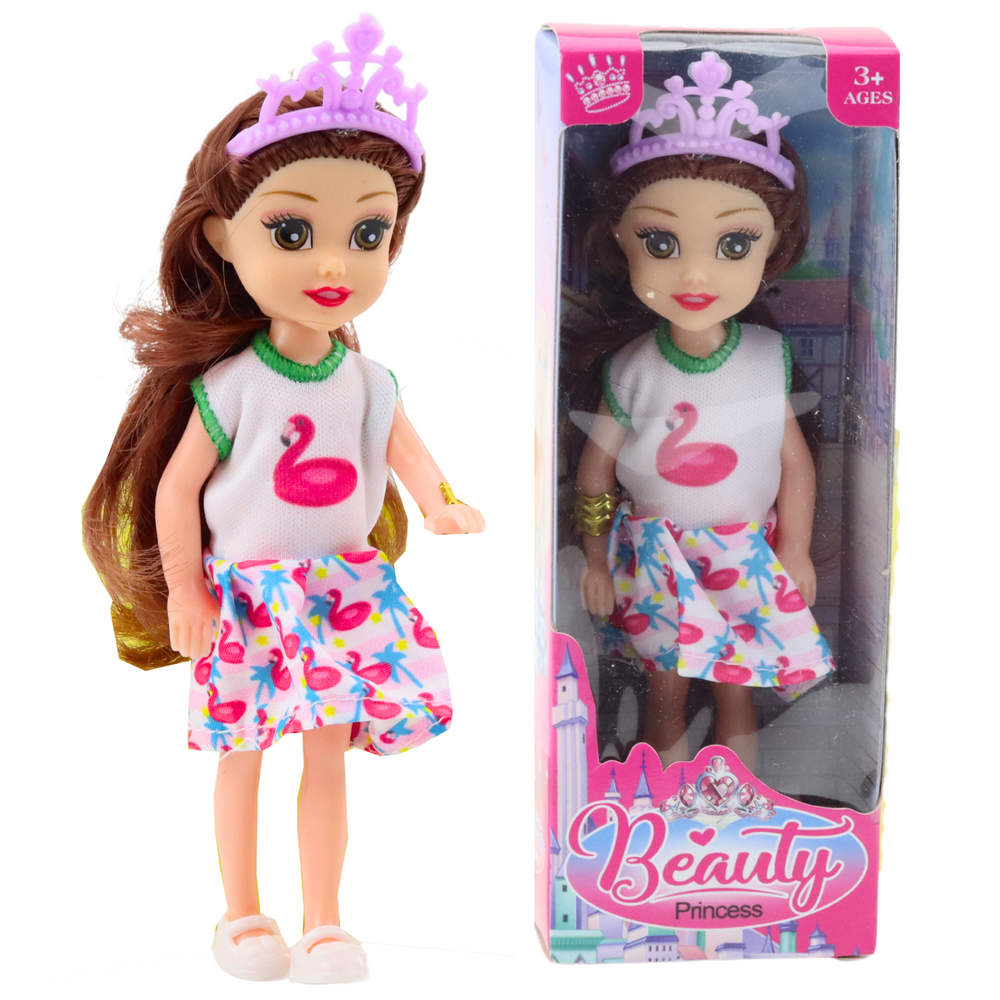 Mini princesės lėlė su karūna ir spalvinga suknele, 14 cm