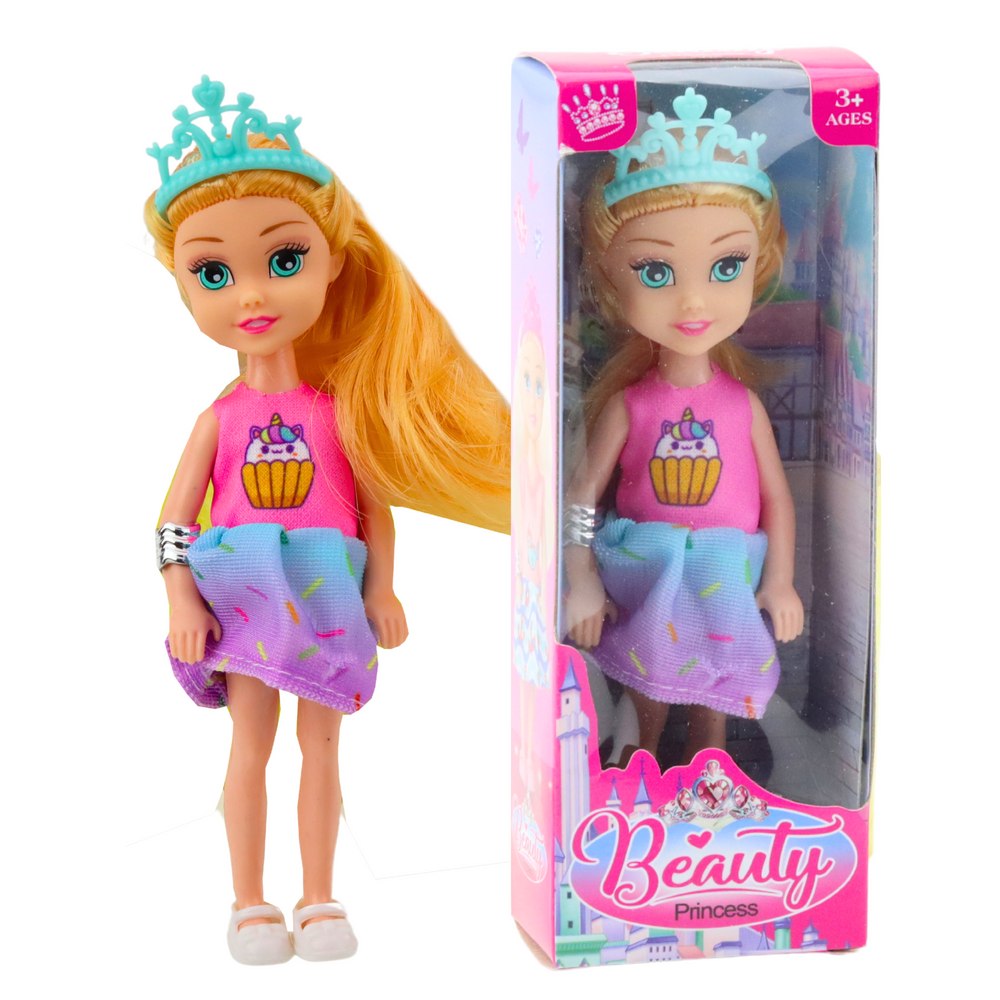 Mini princesės lėlė su karūna ir spalvinga suknele, 14 cm