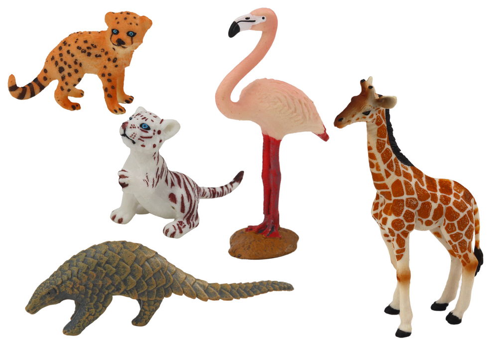 Gyvūnų figūrėlių rinkinys: žirafa, flamingas, dramblys, tigras