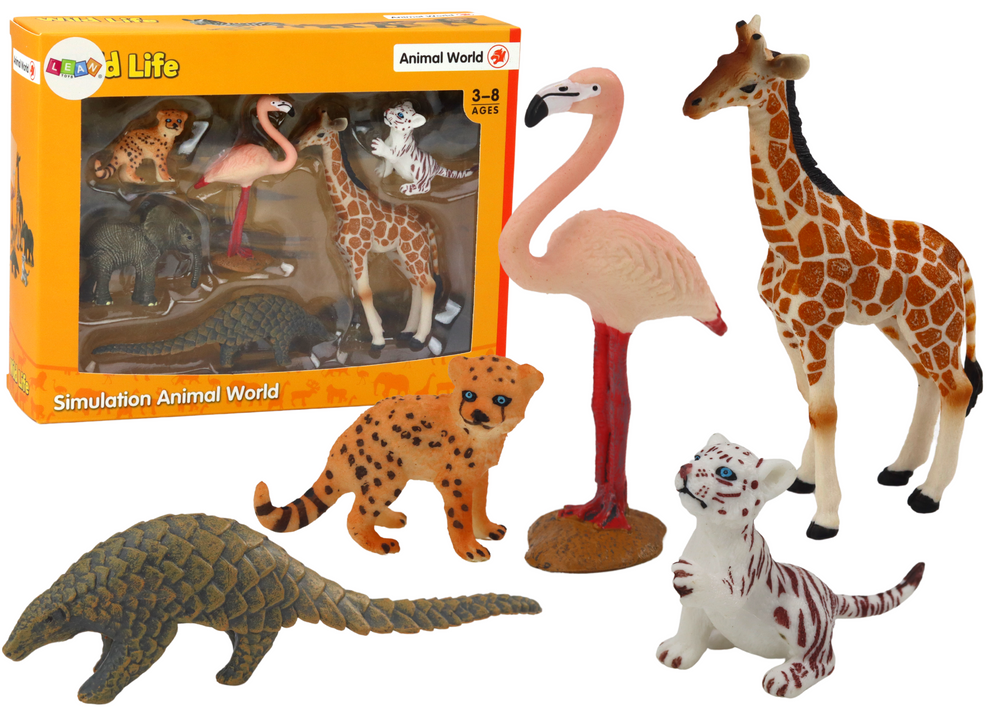 Gyvūnų figūrėlių rinkinys: žirafa, flamingas, dramblys, tigras