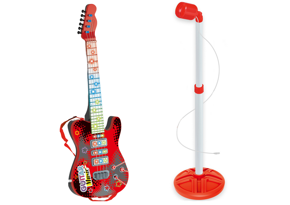 Elektrinė gitara su mikrofonu ir stovu vaikams, raudona