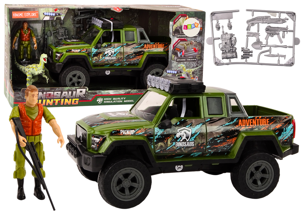 Mašinėlė off-road hunting car hunter dinosaur lights sounds green