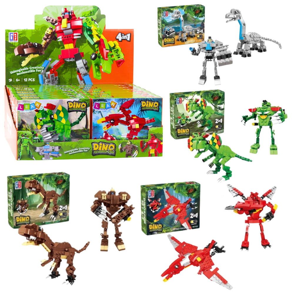 Dinozaurų ir robotų konstrukciniai blokeliai 2-in-1, 50-70 vnt.