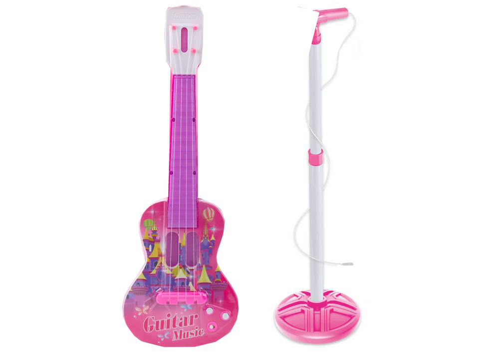 Elektrinė gitara su mikrofonu ir stovu, rožinė
