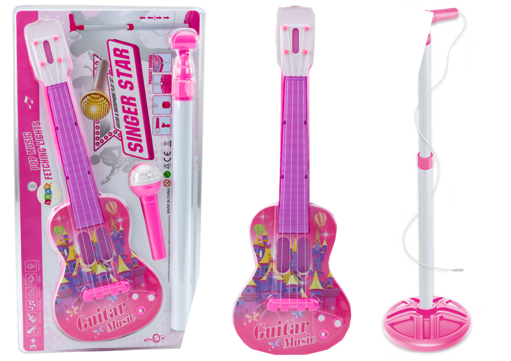 Elektrinė gitara su mikrofonu ir stovu, rožinė