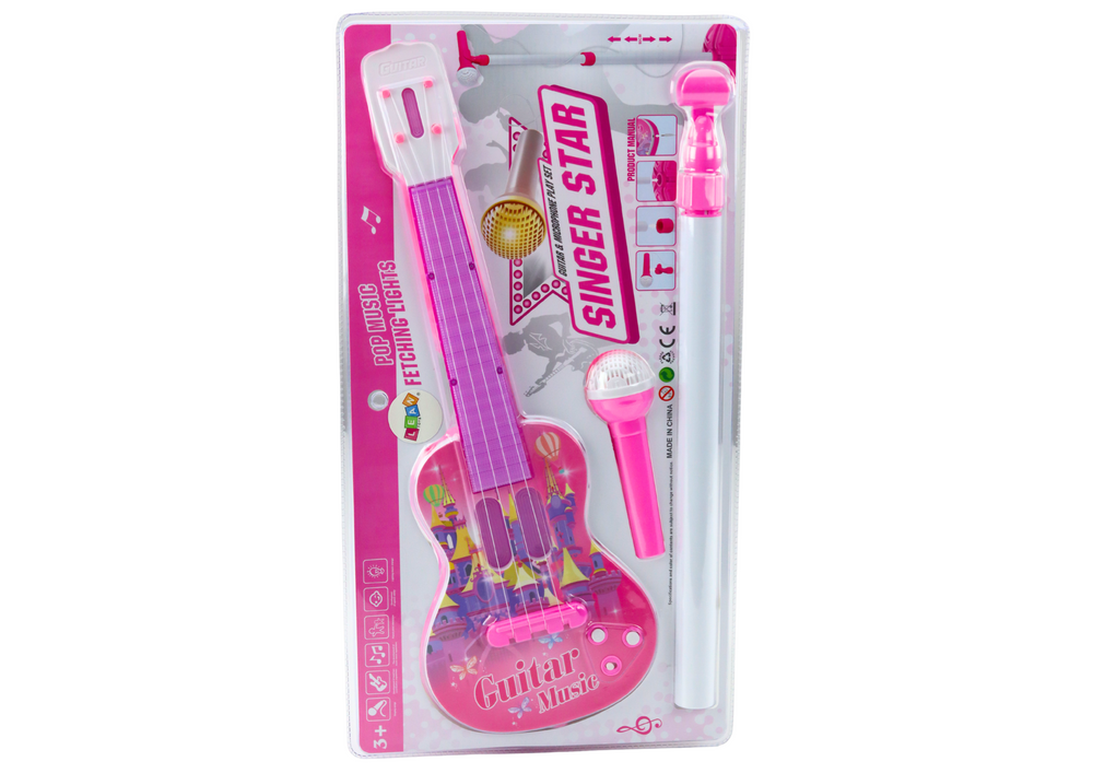 Elektrinė gitara su mikrofonu ir stovu, rožinė