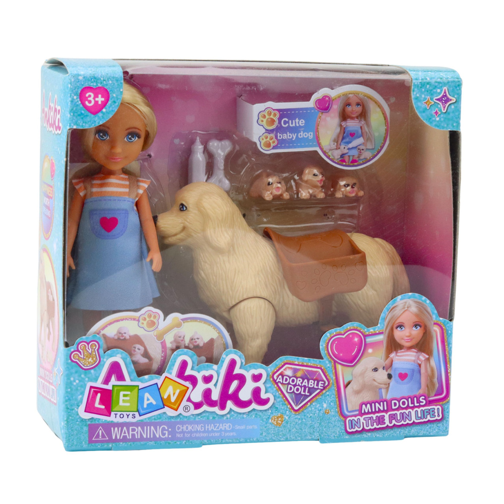 Lėlė su šunimi ir šuniukais, 13 cm