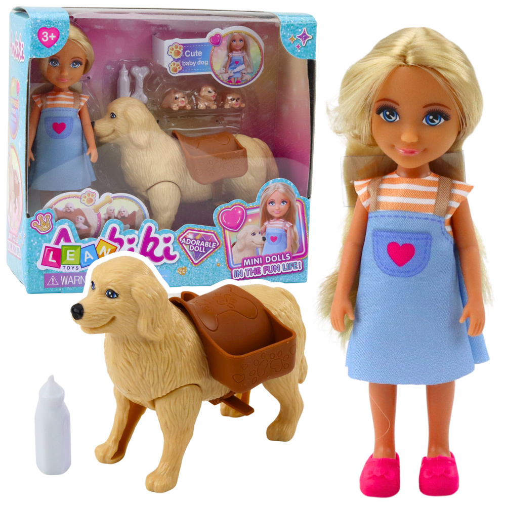 Lėlė su šunimi ir šuniukais, 13 cm