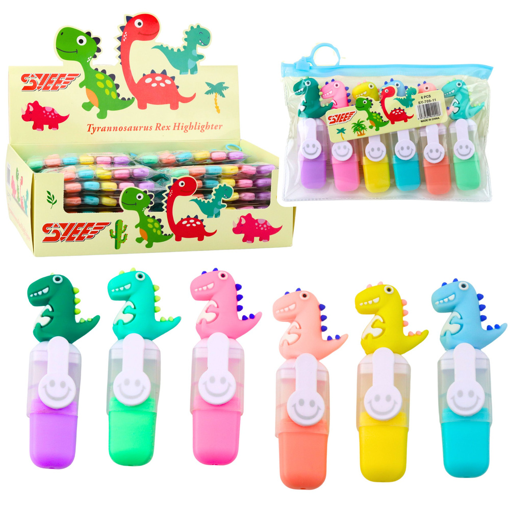 Mini žymeklių rinkinys su dinozaurais dėkle (6 vnt. 8 cm)