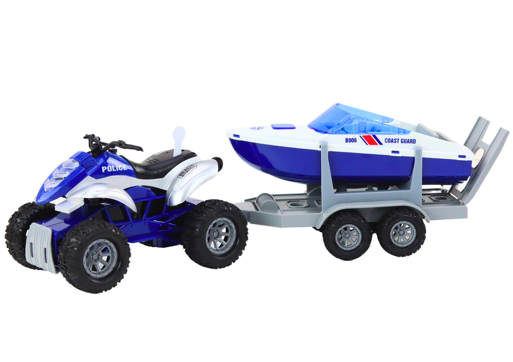 Policijas kvadricikls ar piekabi un motorlaivu