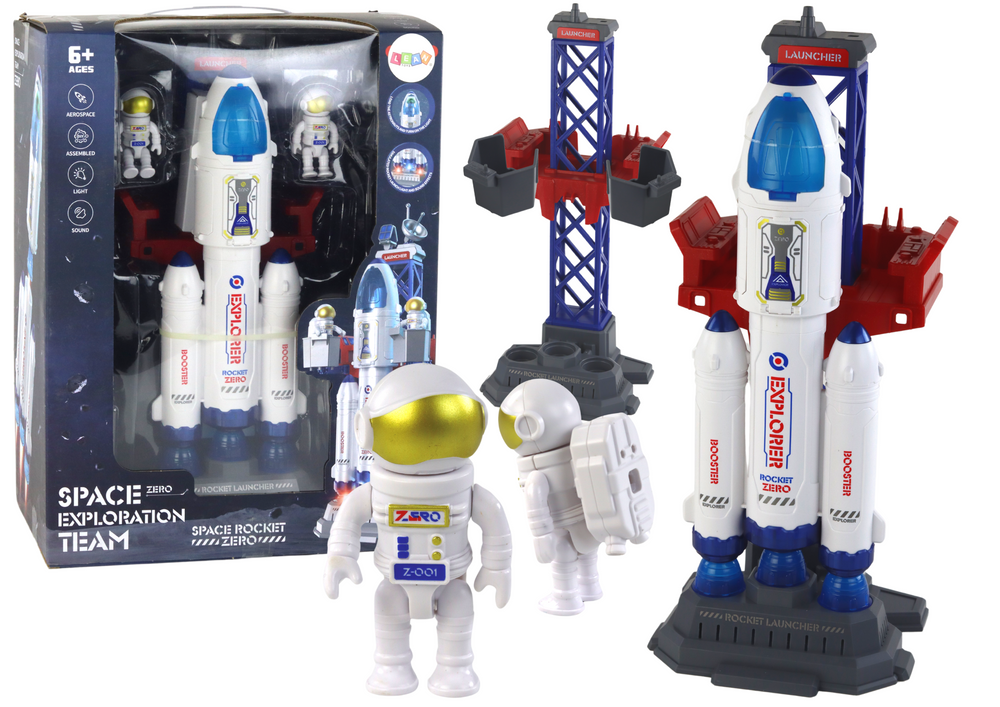 Kosminė raketa su bokštu ir astronautais