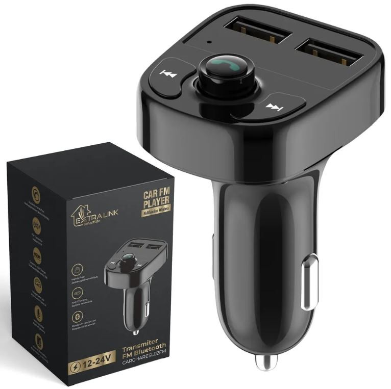 Siųstuvas automobiliui su įkrovimo funkcija, 2x usb-a, juodas