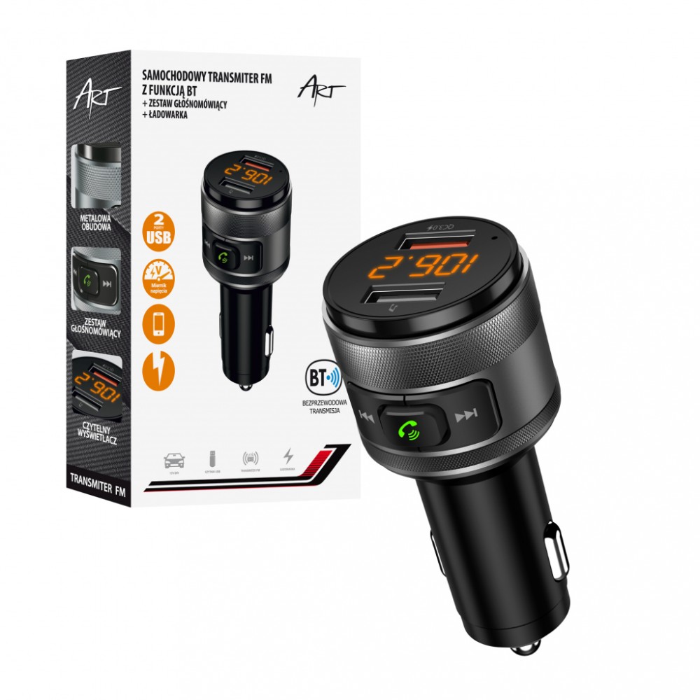 Automobilinis art fm bangų moduliatorius su bluetooth 5.0 + 2 x usb a qc3.0 fm-57, juodas