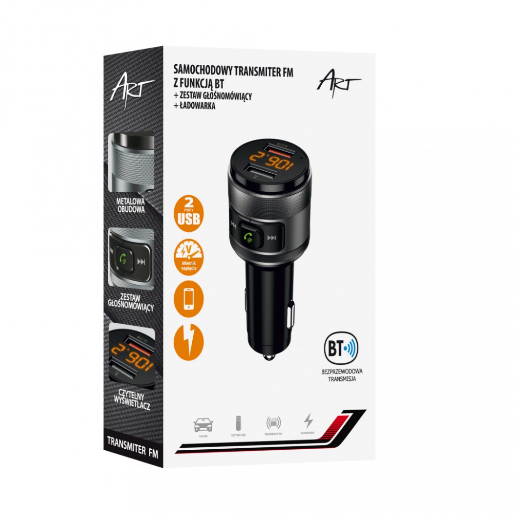 Automobilinis art fm bangų moduliatorius su bluetooth 5.0 + 2 x usb a qc3.0 fm-57, juodas