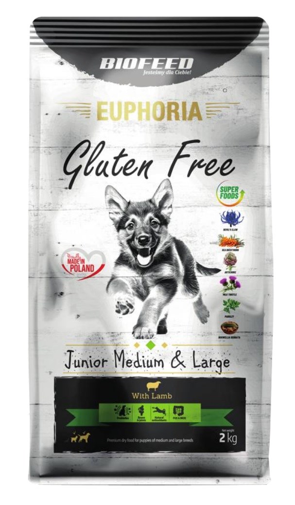 Biofeed euphoria gluten free jauniems vidutinių ir didelių veislių šuniukams su ėriena, 2 kg