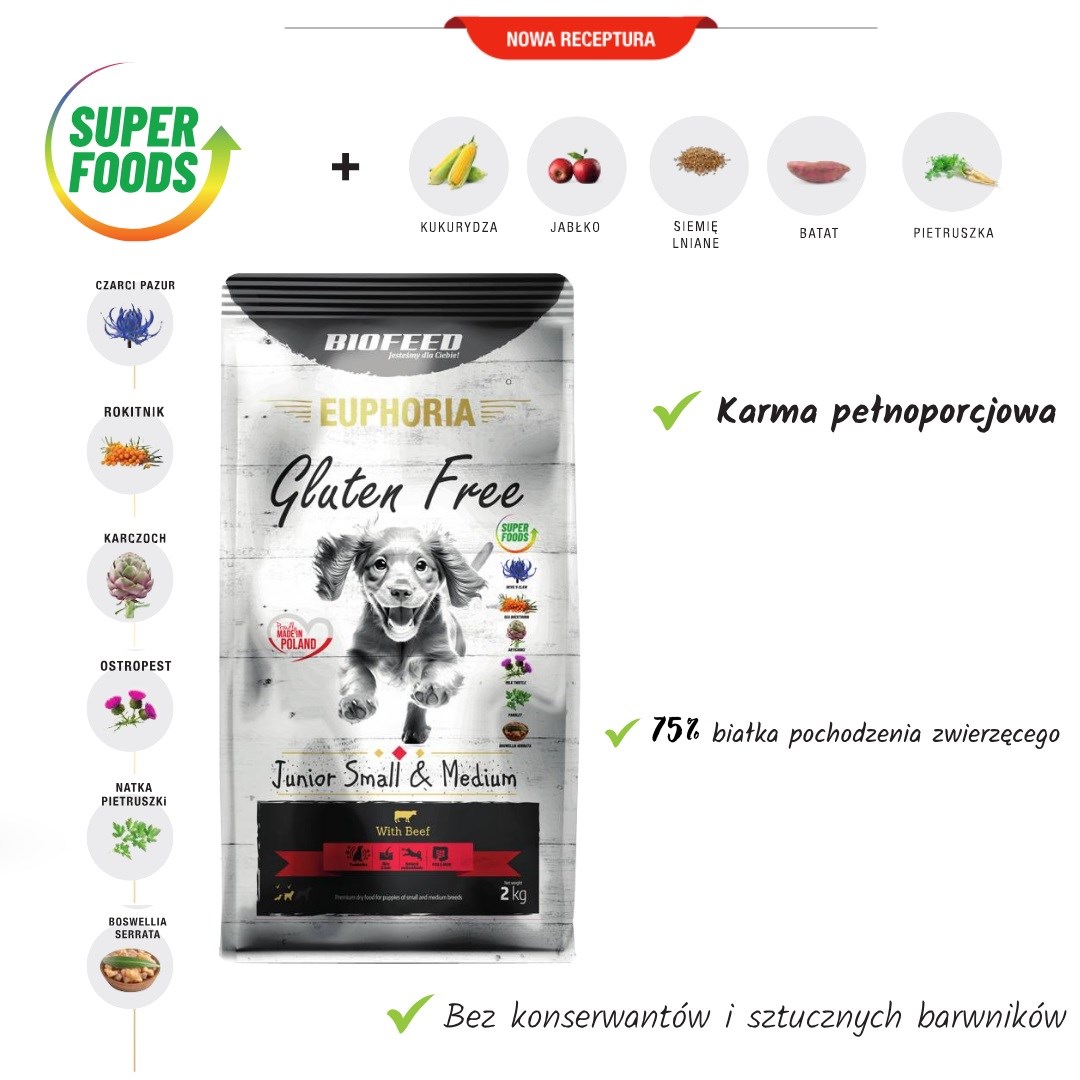 Biofeed euphoria gluten free junior small&medium su jautiena, 12kg