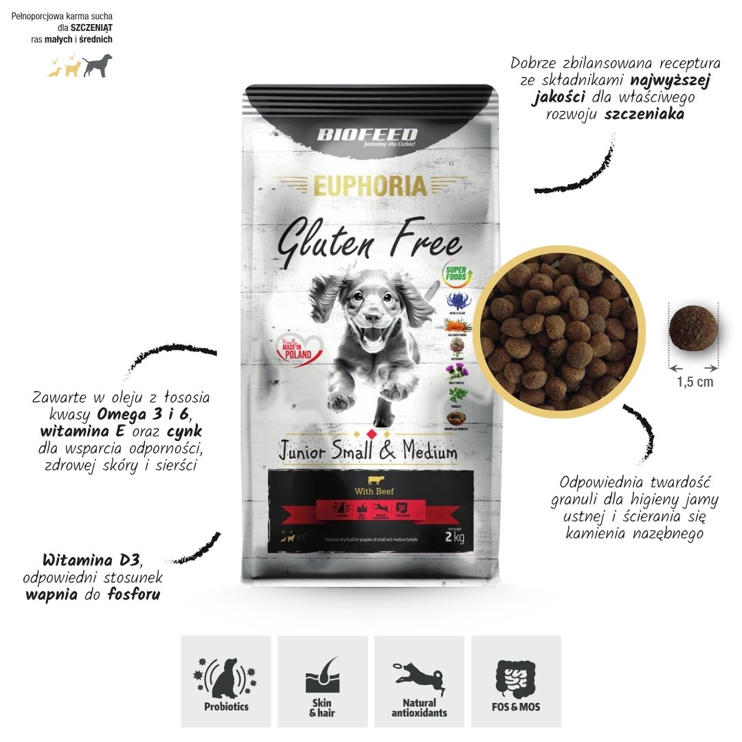Biofeed euphoria gluten free junior small&medium su jautiena, 12kg