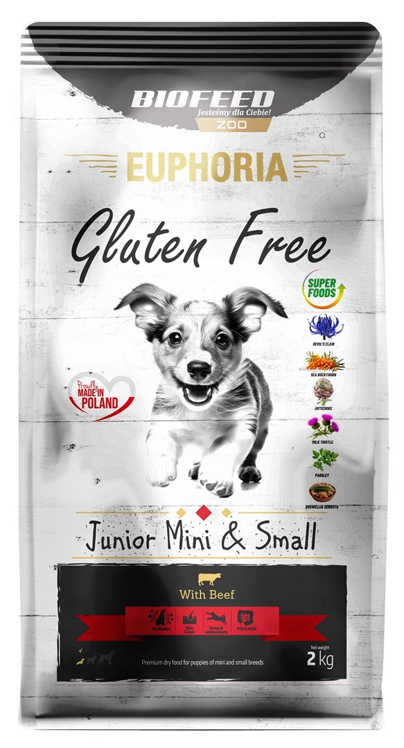 Biofeed euphoria gluten free jauniems mažų ir mini veislių šunims su jautiena, 2 kg