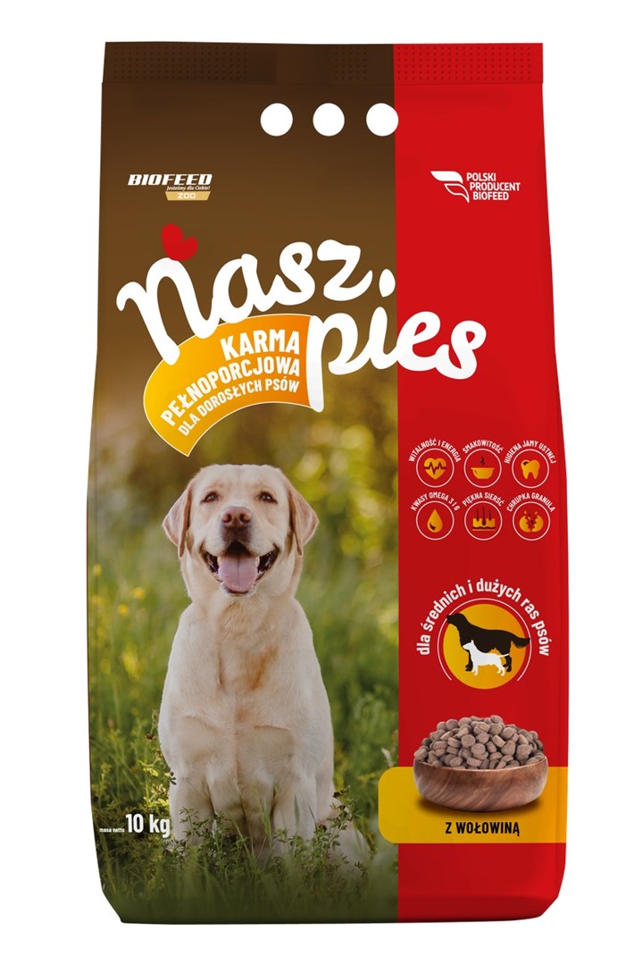 Biofeed nasz pies vidutinių ir dydelių veislių suaugusiems šunims su jautiena, 15 kg