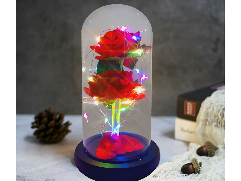 Amžina raudona rožė stikliniame gaubte su led rgb apšvietimu
