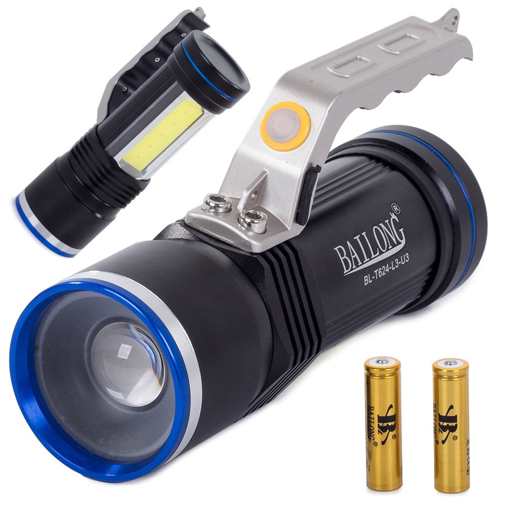 Prožektorius bailong t624 su cree xm-l t6 dioda ir cob šviesos funkcija