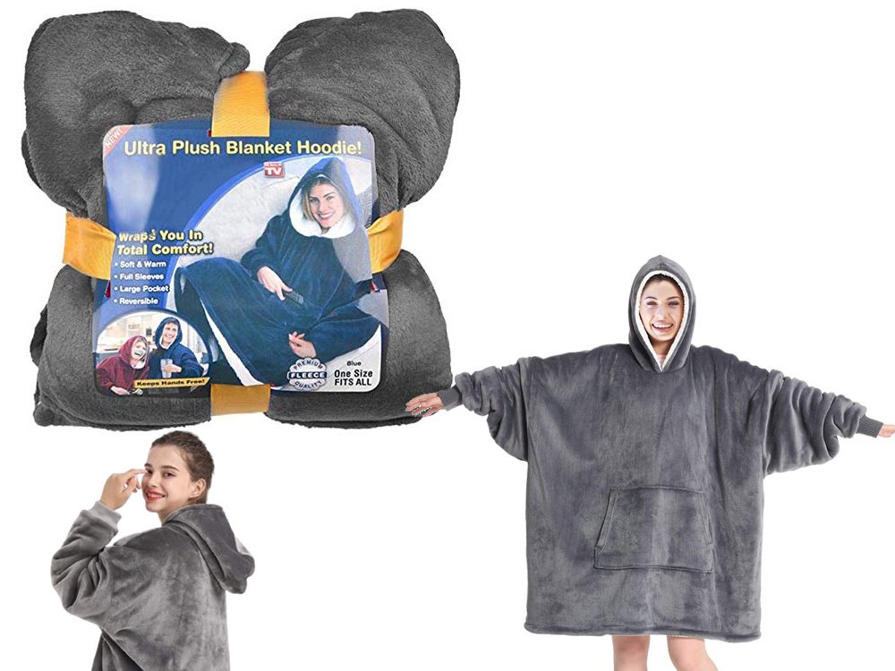 Šiltas oversize megztinis su gobtuvu, pilka