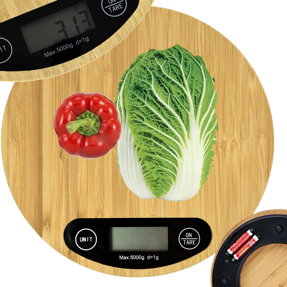 Elektroninės bambukinės virtuvės svarstyklės su lcd ekranu 5 kg