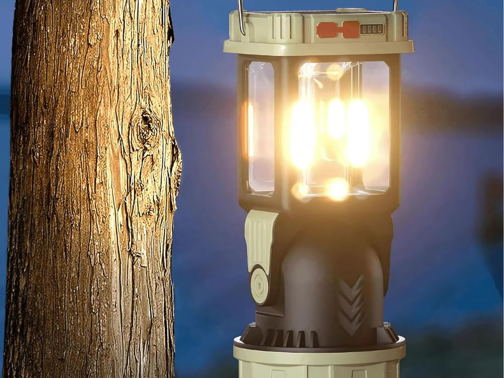 Saulės energija įkraunama led lempa su kabinimo laikikliu, 5 apšvietimo režimai