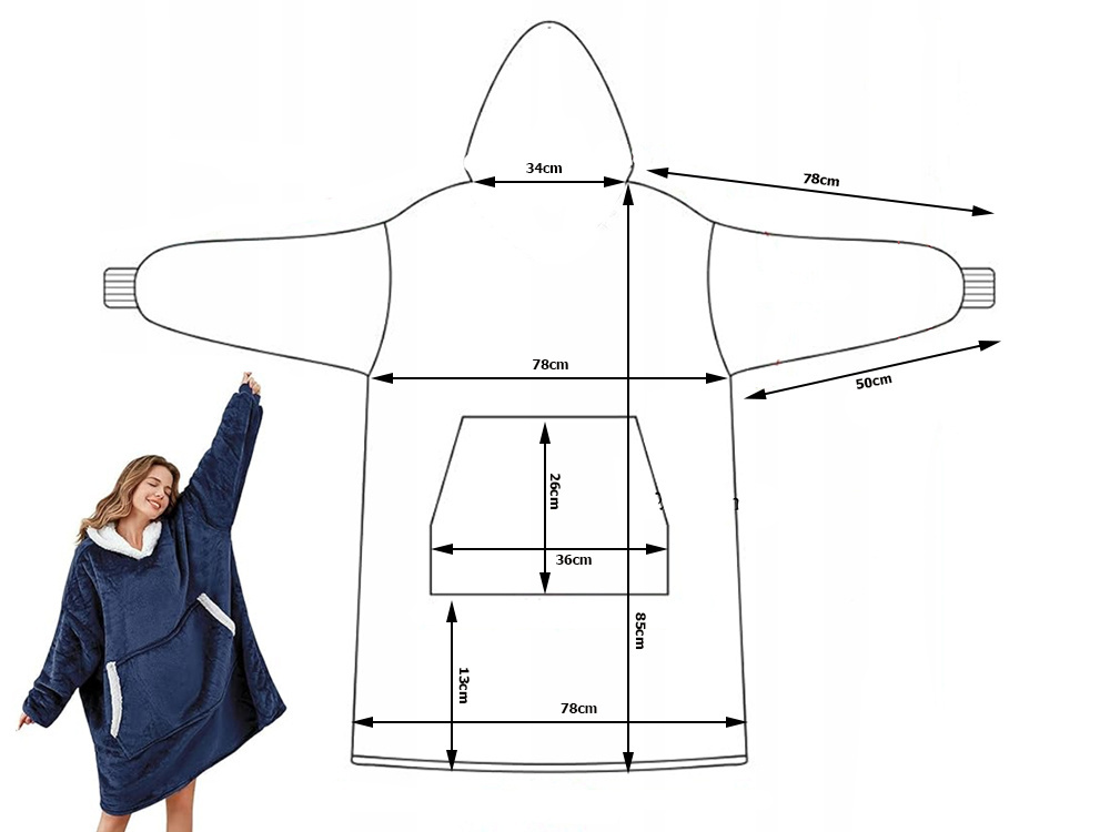 Šiltas oversize pledsa su gobtuvu, tamsiai mėlyna