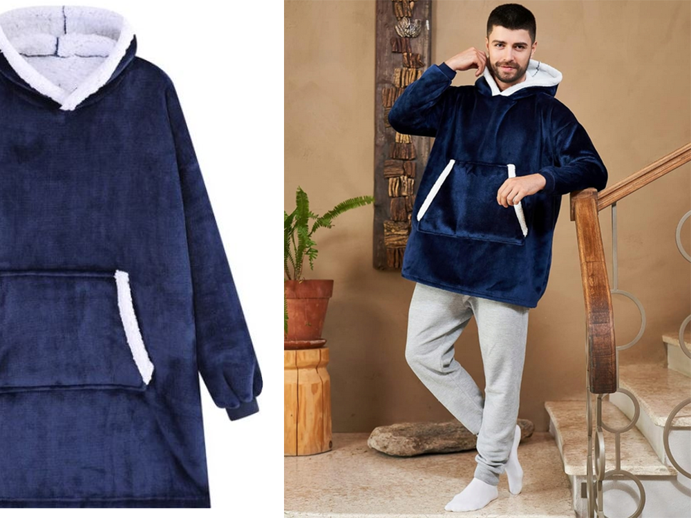 Šiltas oversize pledsa su gobtuvu, tamsiai mėlyna