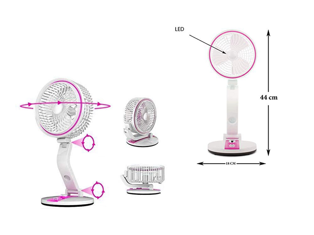 Sulankstomas ventiliatorius su led apšvietimu ir usb įkrovimu, 18 cm