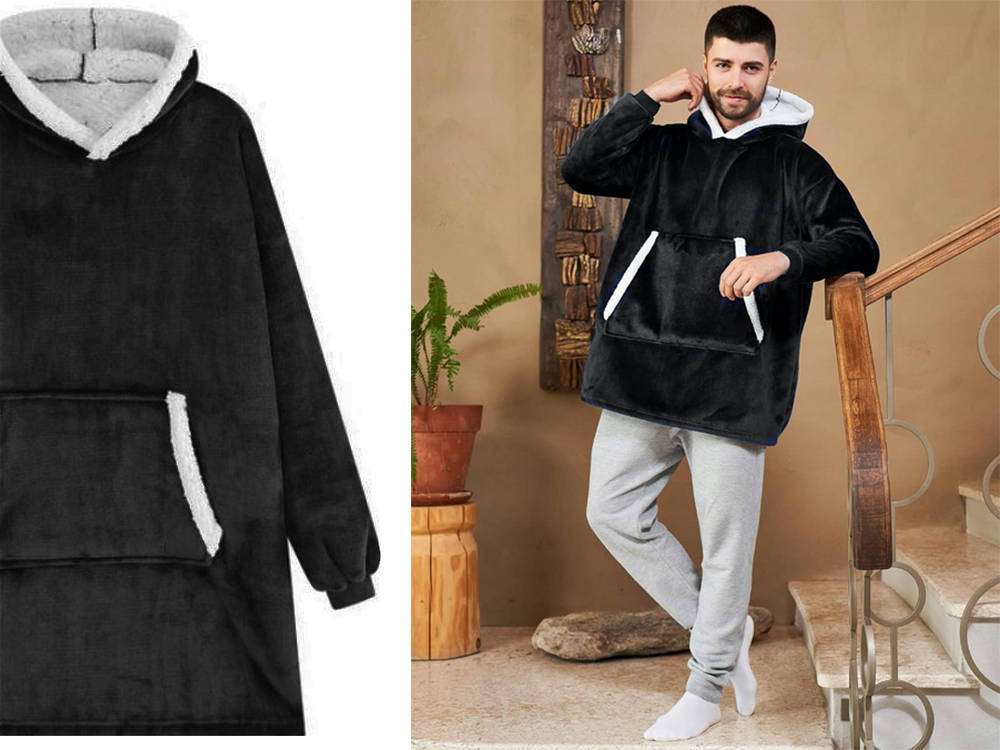 Šiltas pledas su gobtuvu, juoda