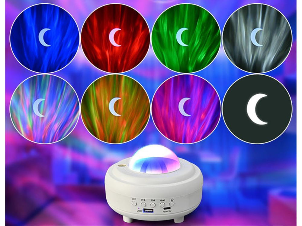 Naktinė led lempa projektorius su bluetooth garsiakalbiu