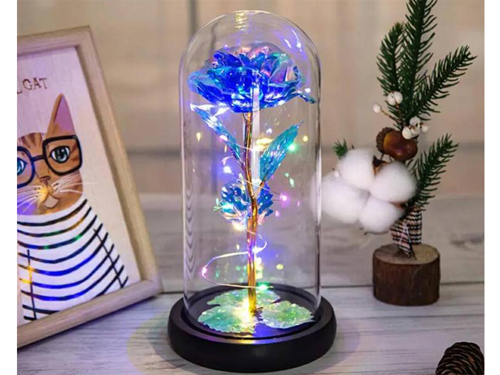 Amžina rožė stikliniame gaubte su led apšvietimu, 21 cm